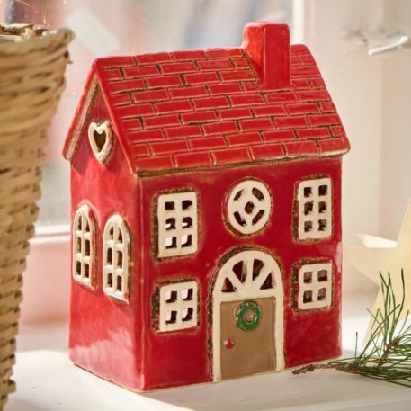 huis voor waxinelicht stillenat rood dak en bruine deur hoog 18 cm breed 13.3 cm diep 7.5 cm ib-laursen house for tealight stillenat red roof brown door1