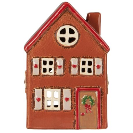 huis voor waxinelicht stillenat rood dak en krans op deur hoog 15.5 cm breed 10 cm diep 8 cm ib-laursen house for tealight stillenat red roof wreath on door