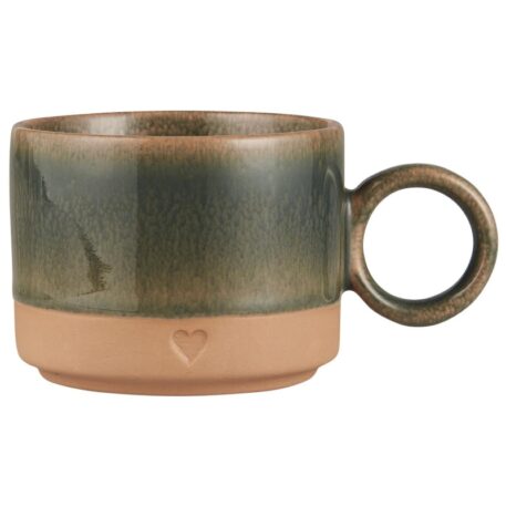 beker met oor Hart mat terra klei vergrijsd groen glazuur inhoud 300 ml hoog 7.4 cm diameter 9.4 cm steengoed ib-laursen mug with handle heart matt brown clay with green edge stoneware1